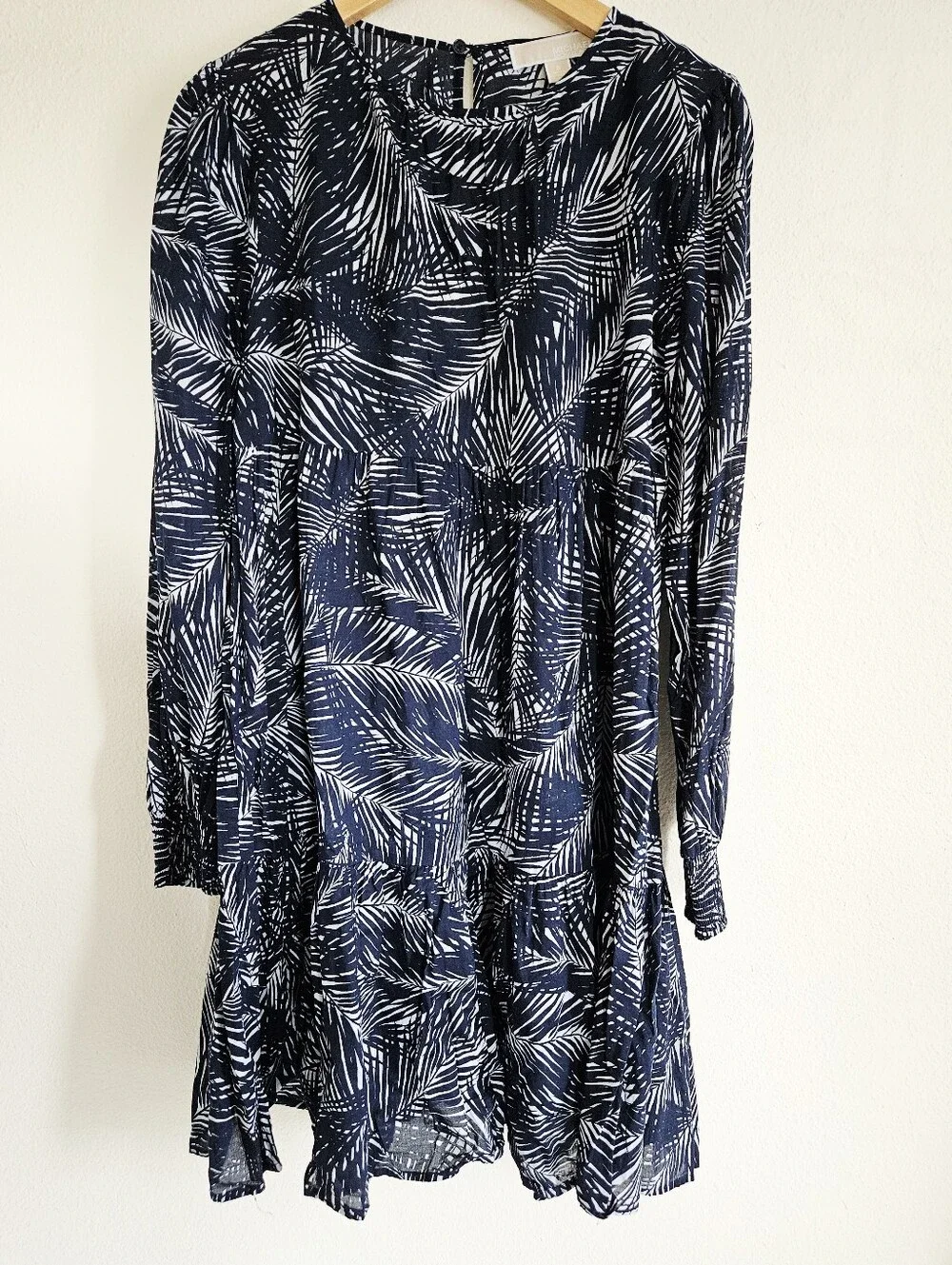 Michael Kors Navy and White Palm-Print Long-Sleeve Tiered Cotton Sun Dress